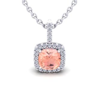 2 Carat Cushion Shape Morganite Necklace with Diamond Halo In 14 Karat White Gold With 18 Inch Chain