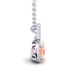 2 Carat Cushion Shape Morganite Necklace with Diamond Halo In 14 Karat White Gold With 18 Inch Chain