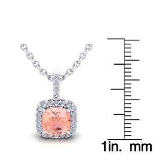 2 Carat Cushion Shape Morganite Necklace with Diamond Halo In 14 Karat White Gold With 18 Inch Chain