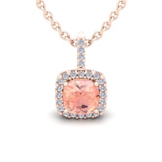 2 Carat Cushion Shape Morganite Necklace with Diamond Halo In 14 Karat Rose Gold With 18 Inch Chain