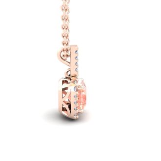 2 Carat Cushion Shape Morganite Necklace with Diamond Halo In 14 Karat Rose Gold With 18 Inch Chain