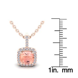2 Carat Cushion Shape Morganite Necklace with Diamond Halo In 14 Karat Rose Gold With 18 Inch Chain