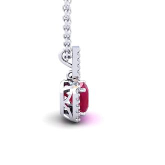 2 Carat Cushion Cut Ruby and Halo Diamond Necklace In 14 Karat White Gold, 18 Inches