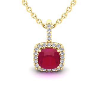 2 Carat Cushion Cut Ruby and Halo Diamond Necklace In 14 Karat Yellow Gold, 18 Inches