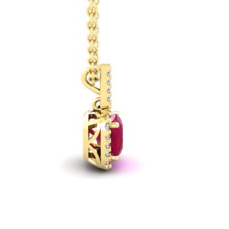 2 Carat Cushion Cut Ruby and Halo Diamond Necklace In 14 Karat Yellow Gold, 18 Inches