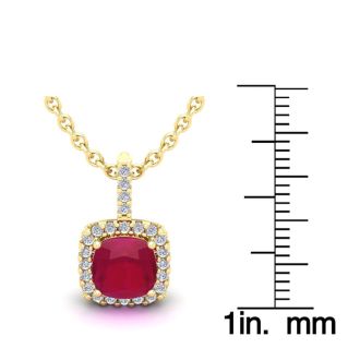 2 Carat Cushion Cut Ruby and Halo Diamond Necklace In 14 Karat Yellow Gold, 18 Inches