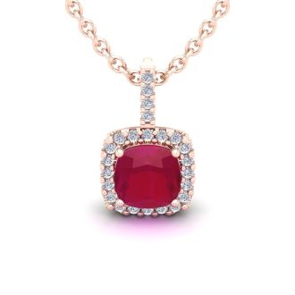 2 Carat Cushion Cut Ruby and Halo Diamond Necklace In 14 Karat Rose Gold, 18 Inches