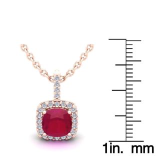 2 Carat Cushion Cut Ruby and Halo Diamond Necklace In 14 Karat Rose Gold, 18 Inches