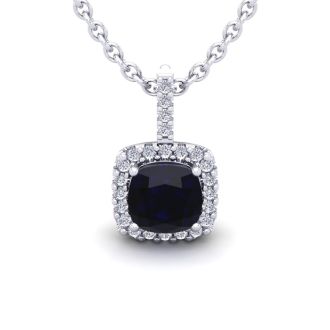 2 Carat Cushion Cut Sapphire and Halo Diamond Necklace In 14 Karat White Gold, 18 Inches