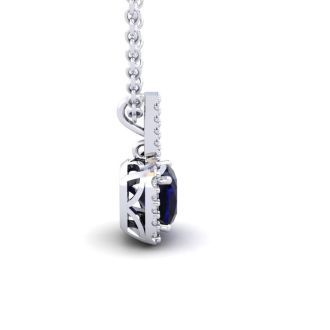 2 Carat Cushion Cut Sapphire and Halo Diamond Necklace In 14 Karat White Gold, 18 Inches