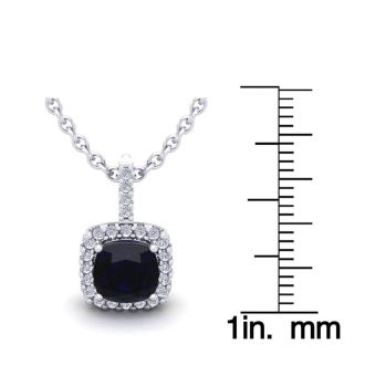 2 Carat Cushion Cut Sapphire and Halo Diamond Necklace In 14 Karat White Gold, 18 Inches