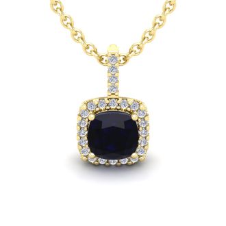 2 Carat Cushion Cut Sapphire and Halo Diamond Necklace In 14 Karat Yellow Gold, 18 Inches