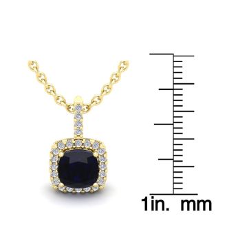 2 Carat Cushion Cut Sapphire and Halo Diamond Necklace In 14 Karat Yellow Gold, 18 Inches