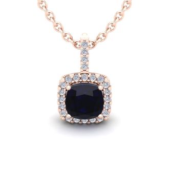 2 Carat Cushion Cut Sapphire and Halo Diamond Necklace In 14 Karat Rose Gold, 18 Inches