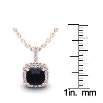 2 Carat Cushion Cut Sapphire and Halo Diamond Necklace In 14 Karat Rose Gold, 18 Inches