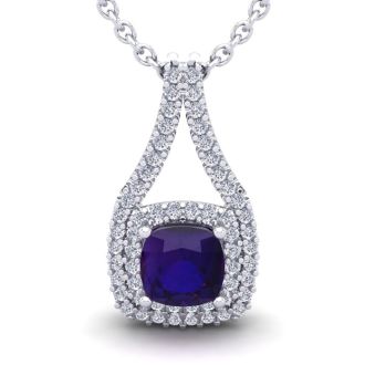 1 Carat Cushion Cut Amethyst and Double Halo Diamond Necklace In 14 Karat White Gold, 18 Inches