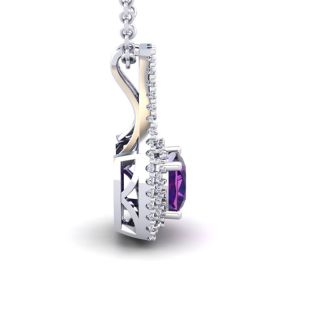 1 Carat Cushion Cut Amethyst and Double Halo Diamond Necklace In 14 Karat White Gold, 18 Inches