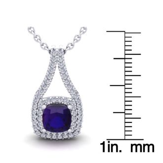 1 Carat Cushion Cut Amethyst and Double Halo Diamond Necklace In 14 Karat White Gold, 18 Inches