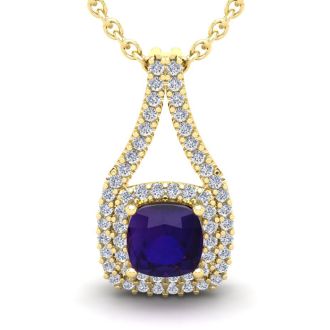 1 Carat Cushion Cut Amethyst and Double Halo Diamond Necklace In 14 Karat Yellow Gold, 18 Inches
