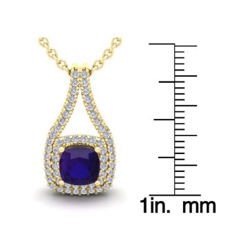 1 Carat Cushion Cut Amethyst and Double Halo Diamond Necklace In 14 Karat Yellow Gold, 18 Inches