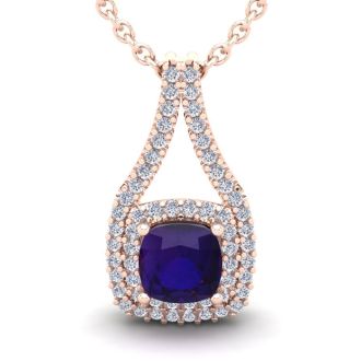 1 Carat Cushion Cut Amethyst and Double Halo Diamond Necklace In 14 Karat Rose Gold, 18 Inches