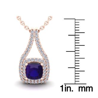 1 Carat Cushion Cut Amethyst and Double Halo Diamond Necklace In 14 Karat Rose Gold, 18 Inches