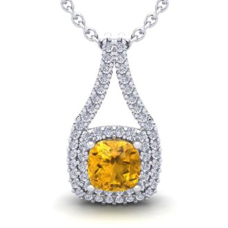 1 Carat Cushion Cut Citrine and Double Halo Diamond Necklace In 14 Karat White Gold, 18 Inches