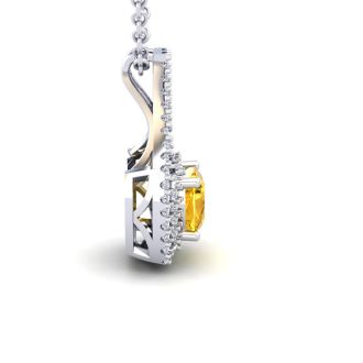 1 Carat Cushion Cut Citrine and Double Halo Diamond Necklace In 14 Karat White Gold, 18 Inches