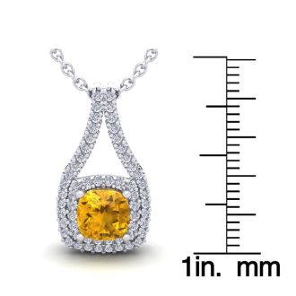 1 Carat Cushion Cut Citrine and Double Halo Diamond Necklace In 14 Karat White Gold, 18 Inches