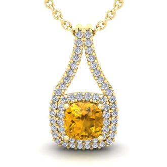 1 Carat Cushion Cut Citrine and Double Halo Diamond Necklace In 14 Karat Yellow Gold, 18 Inches
