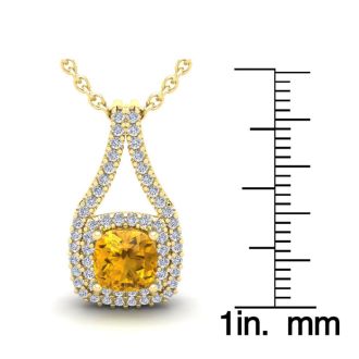 1 Carat Cushion Cut Citrine and Double Halo Diamond Necklace In 14 Karat Yellow Gold, 18 Inches