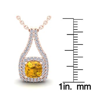 1 Carat Cushion Cut Citrine and Double Halo Diamond Necklace In 14 Karat Rose Gold, 18 Inches