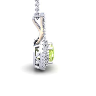 1 1/3 Carat Cushion Cut Peridot and Double Halo Diamond Necklace In 14 Karat White Gold, 18 Inches