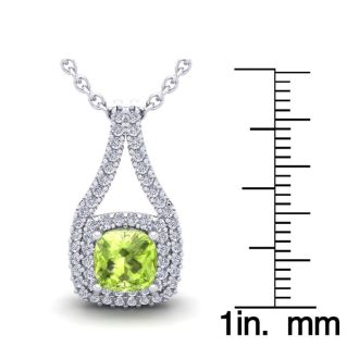 1 1/3 Carat Cushion Cut Peridot and Double Halo Diamond Necklace In 14 Karat White Gold, 18 Inches