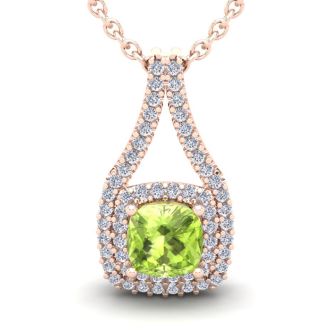 1 1/3 Carat Cushion Cut Peridot and Double Halo Diamond Necklace In 14 Karat Rose Gold, 18 Inches