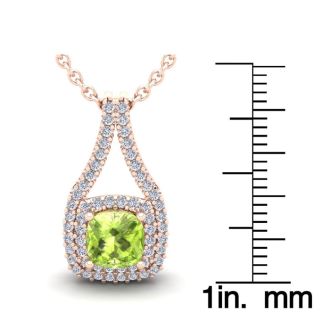 1 1/3 Carat Cushion Cut Peridot and Double Halo Diamond Necklace In 14 Karat Rose Gold, 18 Inches