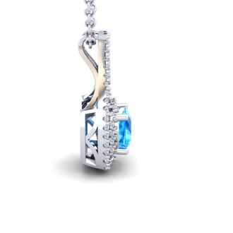 1 1/2 Carat Cushion Cut Blue Topaz and Double Halo Diamond Necklace In 14 Karat White Gold, 18 Inches
