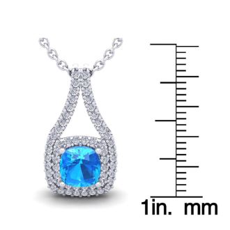 1 1/2 Carat Cushion Cut Blue Topaz and Double Halo Diamond Necklace In 14 Karat White Gold, 18 Inches