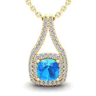 1 1/2 Carat Cushion Cut Blue Topaz and Double Halo Diamond Necklace In 14 Karat Yellow Gold, 18 Inches