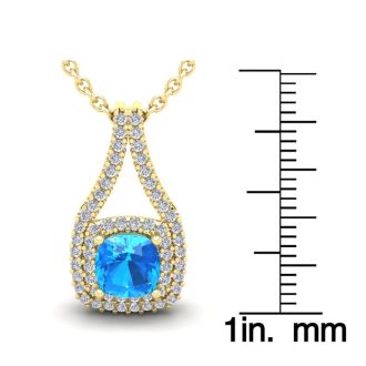 1 1/2 Carat Cushion Cut Blue Topaz and Double Halo Diamond Necklace In 14 Karat Yellow Gold, 18 Inches