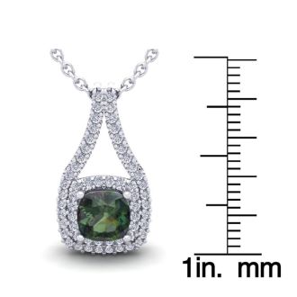 1-1/3 Carat Cushion Shape Mystic Topaz Necklace With Double Diamond Halo In 14 Karat White Gold, 18 Inches