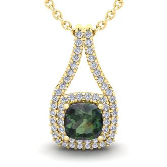 1-1/3 Carat Cushion Shape Mystic Topaz Necklace With Double Diamond Halo In 14 Karat Yellow Gold, 18 Inches