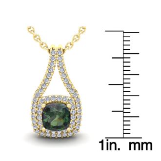 1-1/3 Carat Cushion Shape Mystic Topaz Necklace With Double Diamond Halo In 14 Karat Yellow Gold, 18 Inches