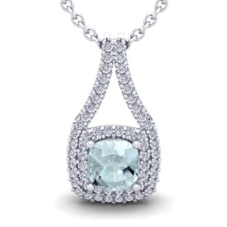Aquamarine Necklace: Aquamarine Jewelry: 1 Carat Cushion Cut Aquamarine and Double Halo Diamond Necklace In 14 Karat White Gold, 18 Inches