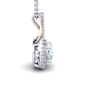 Aquamarine Necklace: Aquamarine Jewelry: 1 Carat Cushion Cut Aquamarine and Double Halo Diamond Necklace In 14 Karat White Gold, 18 Inches