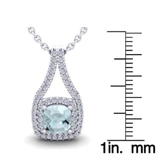 Aquamarine Necklace: Aquamarine Jewelry: 1 Carat Cushion Cut Aquamarine and Double Halo Diamond Necklace In 14 Karat White Gold, 18 Inches
