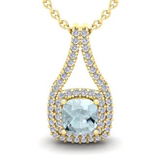Aquamarine Necklace: Aquamarine Jewelry: 1 Carat Cushion Cut Aquamarine and Double Halo Diamond Necklace In 14 Karat Yellow Gold, 18 Inches