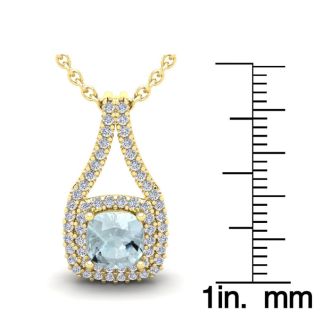 Aquamarine Necklace: Aquamarine Jewelry: 1 Carat Cushion Cut Aquamarine and Double Halo Diamond Necklace In 14 Karat Yellow Gold, 18 Inches