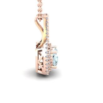 Aquamarine Necklace: Aquamarine Jewelry: 1 Carat Cushion Cut Aquamarine and Double Halo Diamond Necklace In 14 Karat Rose Gold, 18 Inches