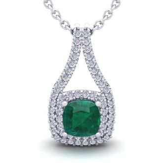 1-1/2 Carat Cushion Shape Emerald Necklaces With Double Halo Diamonds In 14 Karat White Gold, 18 Inch Chain